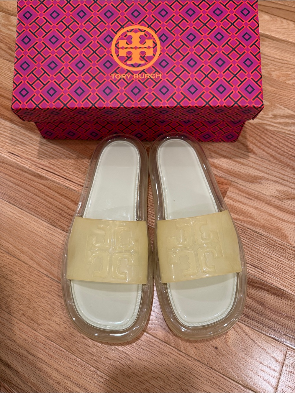Tory Burch Cream Translucent Slide Sandals with Embossed Logo